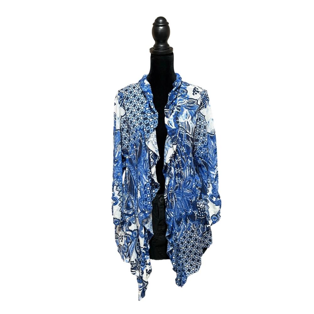 Chico's ruffle waterfall open front lightweight cardigan women's XL abstract